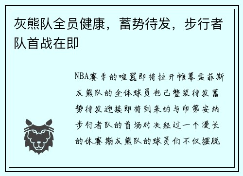 灰熊队全员健康，蓄势待发，步行者队首战在即