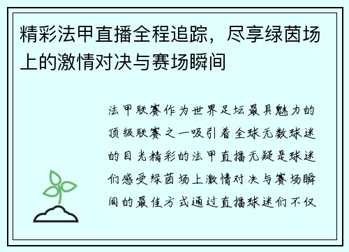 精彩法甲直播全程追踪，尽享绿茵场上的激情对决与赛场瞬间